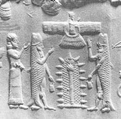 5 - Ninhursag, Enki, & Abgal, King Anu above in his sky-disc