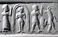 5 - Under Wprld with Ereshkigal, naked Inanna, & unidentified; SEE TEXTS ON INANNA'S DESCENT TO THE UNDER WORLD