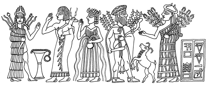 8 - Inanna, giant mixed-breed unidentified king, Ninlil, Haia, & Nisaba