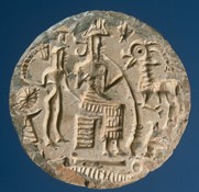 9 - Dilmun seal, Enki & his daughter Ninsikila in Dilmun, the west side of the Persian Gulf, lands given to her by Enki