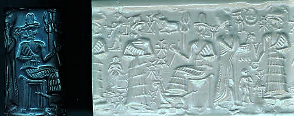 6g - naked Inanna in background, Ningal, Nannar, semi-divine king, high-priest in background, & Utu; a time forgotten when the gods walked & talked with semi-divine men & women