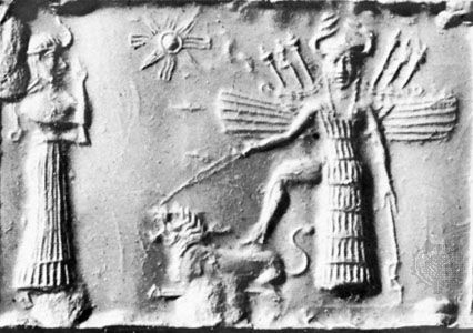 108 - Anu's 8-pointed star, Ninshubur & Inanna with one foot upon her lion symbol for Zodiac sign Leo