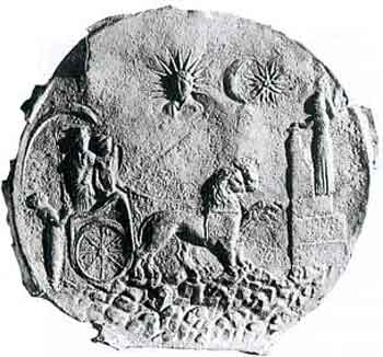 11 - giant semi-divine king in chariot before his god atop ziggurat