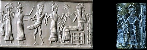 19 - seated Enki is brought a failed worker by 3 sons, mixing creatures isn't working out as hpoed for they have many inabilities to be good workers