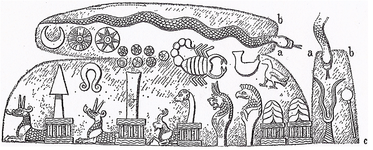 1q - Ningishzidda's Serpent, Nannar's Moon crescent, Utu, Inanna, Enlil, Ishara, Nusku, Nanshe, Marduk, Ninhursag, Nabu, Enki, Ninurta, Zababa, Enlil's & Anu's Royal Crown, Adad, & unidentified symbols
