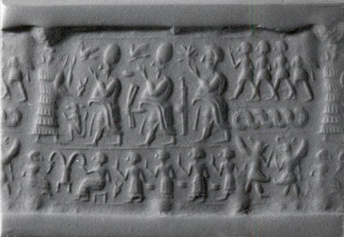 20 - Ninsun, 2 unidentified gods, & her mixed-breed son-king; drinking scene