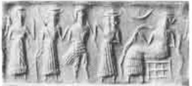 28 - unidentified god, Marduk, failed DNA mix, Isimud, & Enki seated; Enki is now at his wits end