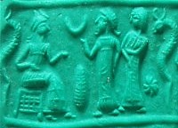 2a - Nannar's Moon crescent & Ningishzidda's horned snake symbols; Ningal, son Utu, & his twin sister Inanna