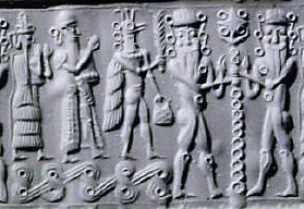 2d - Utu's Sun disc standard; ancient scene with Ninsun, possibly her semi-divine spouse Lugalbanda, & their semi-divine offspring