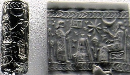 2e - 8-pointed star of Inanna & Moon crescent of Nannar symbols; Ninhursag & brother Enki discuss the urgent task of fashioning a worker race