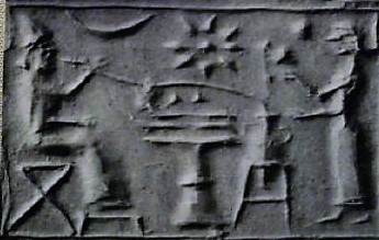 2g - Nannar's Moon crescent & Inanna's 8-pointed star symbols; Ninkasi beer drinking scene in Mesopotamia