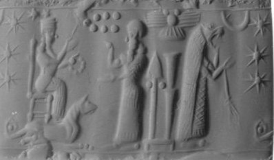2k - Inanna's 8-pointed star, Enlil's 7-planets, Nannar's Moon crescent, Marduk's rocket, Nabu's stylus, & Nibiru flying disc symbols; Bau, Enlil, & Ninurta under a beast skin