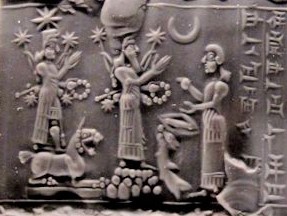 2n - Inanna's 8-pointed star & father Nannar's Moon crescent symbols; Inanna, Utu, & Ninhursag, cautioning them against aggression