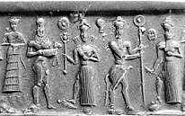 32 - Utu's Sun disc standard; Ningal, 2/3rds divine King Gilgamesh, his spouse goddess Inanna, Enkidu - Ninhursag's creature creation, & Utu with alien hhigh-tech rock cutter / saw in hand; ancient scene from Uruk epic tales of Gilgamesh