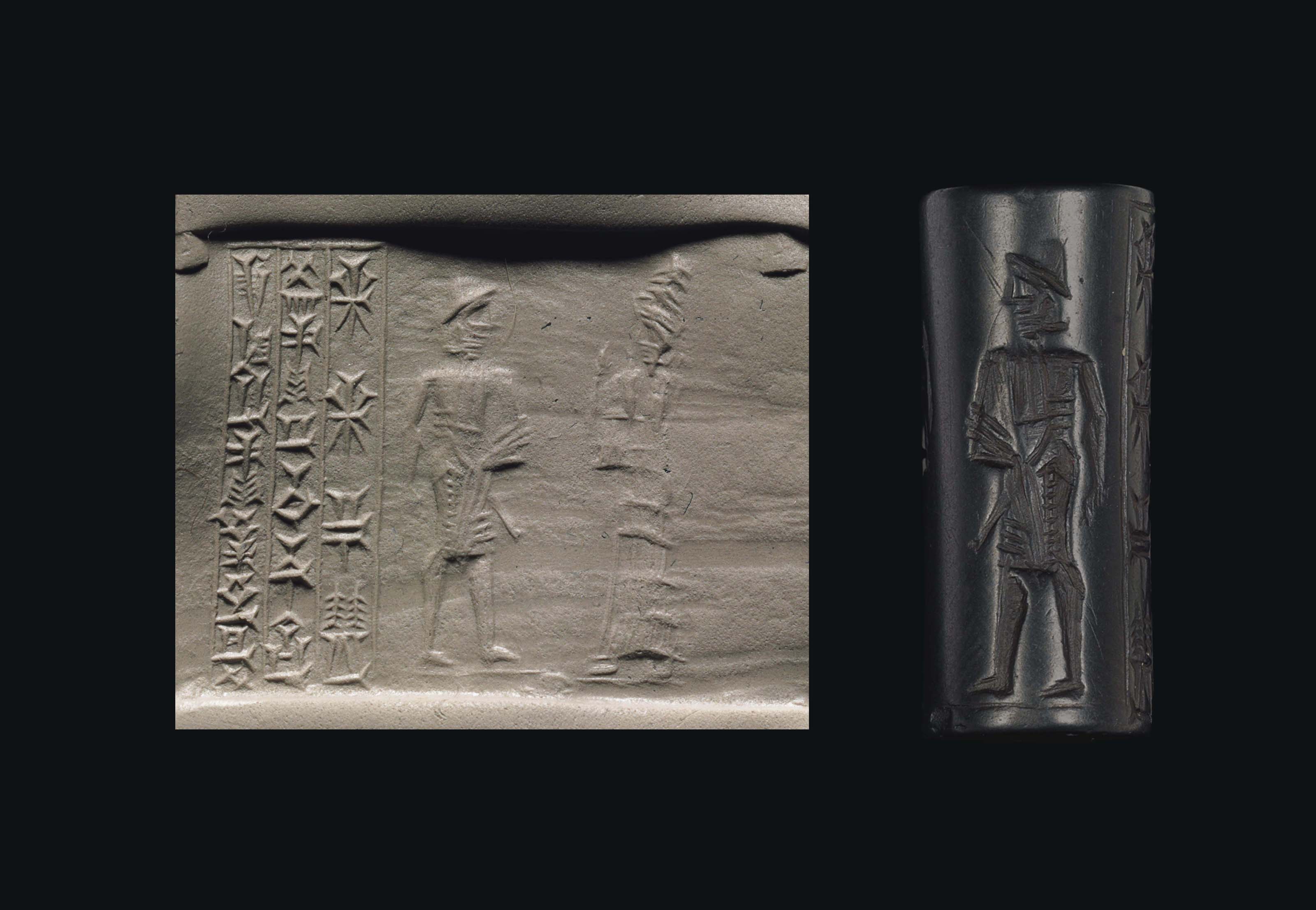 36 - semi-divine son-king & his mother goddess Ninsun; Babylonian seal 1900-1700 B.C.