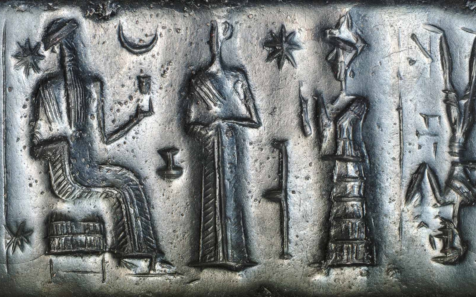 3g - Inanna's 8-pointed star, Nannar's Moon crescent, & Nabu's stylus symbols; Nannar, Ninsun, mixed-breed king