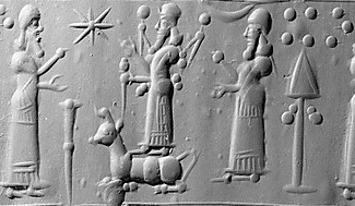 3i - Inanna's 8-pointed star, Nannar's Moon crescent, Enlil's 7-planets, Nabu's stylus, & Marduk's rocket symbols; Enlil, with sons Ninurta, & Nannar