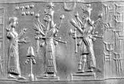 3j - Enlil's 7-planets, granddaughter Inanna's 8-pointed star, & son Nannar's Moon crescent symbols; Ninhursag, Ninurta, & Adad atop his ziggurat residence