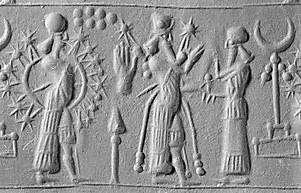 3v - Enlil's 7-planets, Inanna's 8-pointed star, Nannar's Moon crescent, & Marduk's rocket symbols; warriors Inanna & Ninurta holding alien weaponry, & Enlil cautioning them