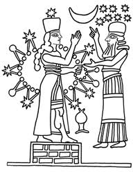 3yy - Inanna's 8-pointed star, Nannar's Moon crescent, & Enlil's 7-planets symbols; Inanna & grandfather Enlil