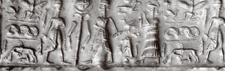 55 - Utu's Sun disc standard; Ninhursag as bird legs, Nibiru cross on standard, & Ningishzidda entwines serpents symbols