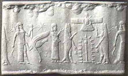 56 - Ninurta, Ninhursag, Abgal, Enki, & Anu paying attention from above Tree of Life; scene depicts the gods meddling in our Tree of Life