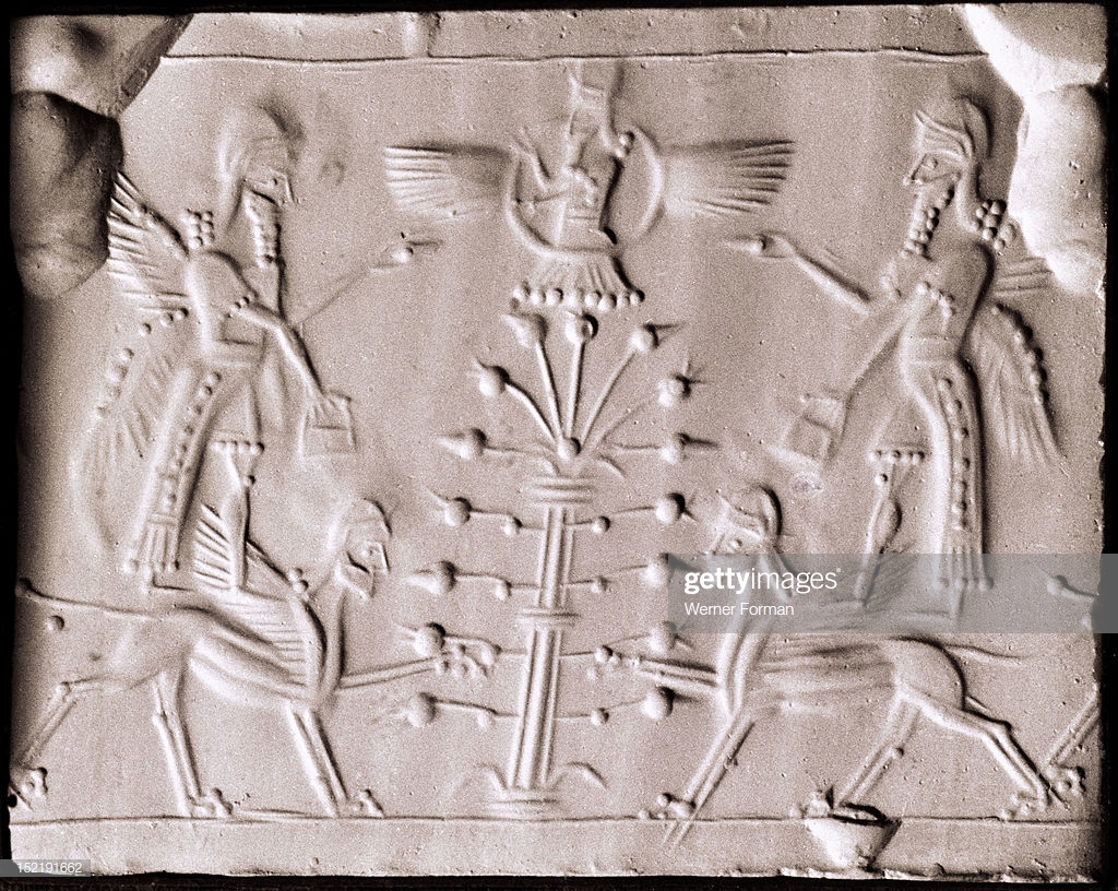 58 - Enlil above Tree of Life in his sky-disc, Ninurta, & Adad; scene depicts the gods medling with the Tree of Life