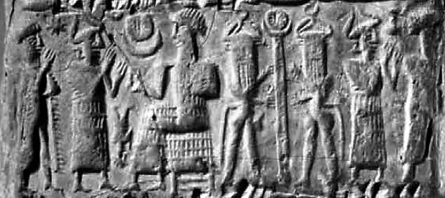 5x - Utu's Sun disc & Sun disc on standard; many unidentified gods & Nannar seated on his throne in Ur