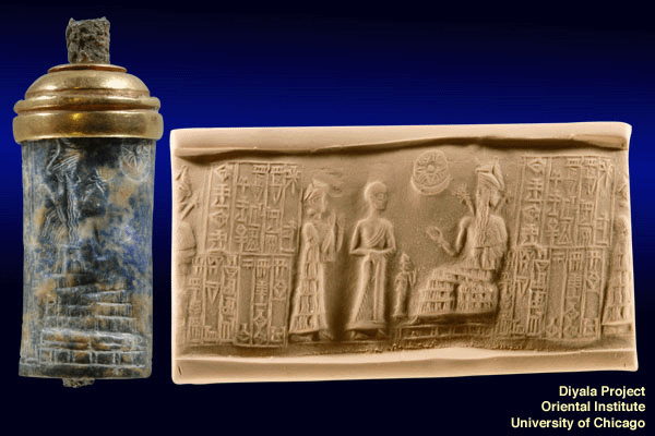 8q - Ninsun, Gudea, Inanna in background, & Ningishzidda; Ningishzidda is presented standing Gudea, ready for his commands
