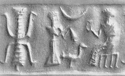 15b - old Elamite cylinder seal of Stairway to Heaven, a semi-divine king, & Nannar on his throne in Ur