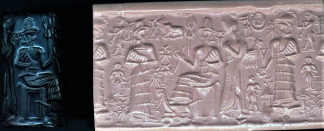 15 - naked Inanna in background, Ningal, Nannar, semi-divine king, high-priest in background, & Utu