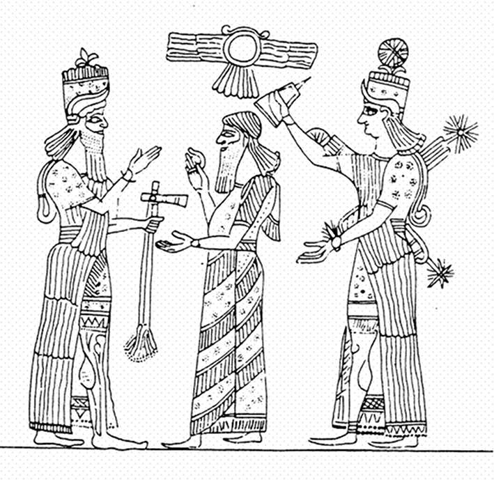 16g - Ashur with his fleur-de-lis symbol on his crown, Assyrian King Ashurbanipal & Inanna with her 8-Pointed Star symbol on her crown