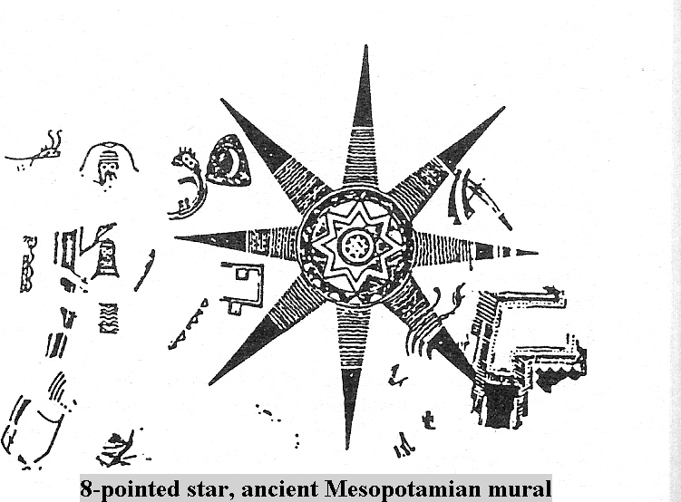 56 - Jehricho wall painting; sky-god figure standing inside a shem on the left of star