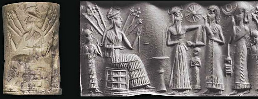 8d - assistant Ninshubur in background, powerful goddess Inanna with alien technologies, Utu, a semi-divine king with dinner offering, & unidentified female; a time long forgotten when the gods walked & talked with the semi-divine earthlings