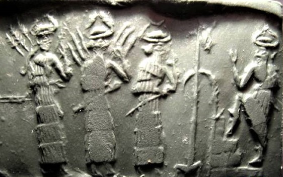 19b - Ninlil with grain over her shoulders, Inanna with alien tech over her shoulders, & Nannar waits to greet Enlil as he ascends from the Under World; very valuable Akkadian artifact 2300-2200 B.C.