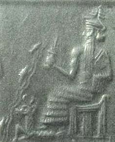 00 - Enki, God of Waters, seated upon his throne in Eridu, his Goat-Fish symbol at his feet