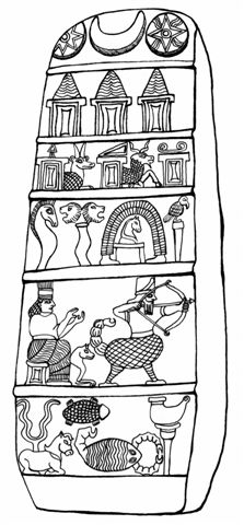 1a - kudurru of Nebuchadezzar I, Inanna, Nannar, Utu, Anu, Enlil, & Enki crowns of animal horns, Marduk, Nabu, Ninhursag, Zababa, Ninurta, Nannar, Shuqamuna, Bau, Ningirsu, Adad, Ea, Ishara, & Nuska symbols