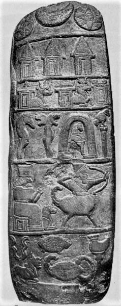 1b - kudurru of Nebuchadezzar I, Inanna, Nannar, Utu, Anu, Enlil, & Enki crowns of animal horns symbols