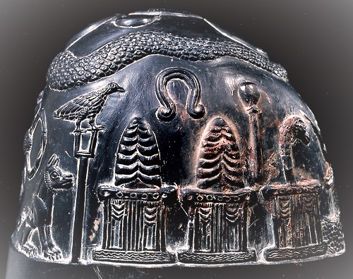 3ha - Ningishzidda's Serpent, Bau's Dog, Shuqamuna's Bird Stand, Anu's & Enlil's Royal Crown of Horns atop their ziggurats, Ninhursag's Umbilical Chord Cutter, unidentified, & Enki's Turtle atop his ziggurat symbols