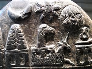 7 - Nannar's Moon Crescent, Inanna's 8-Pointed Star, Utu's Sun Disc, Anu's & Enlil's Royal Crown of Horns, Enki's Turtle & Goat-Fish, & Ninhursag's Umbilical Chord Cutter symbols on kudurru stone