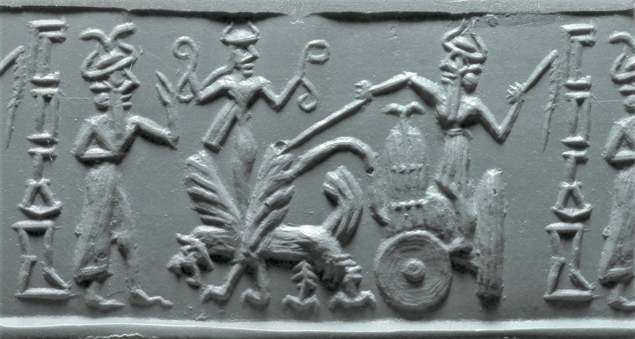 15o - Ashur, Inanna, & Ninurta in sky-chariot with his double-headed eagle & winged beast symbols