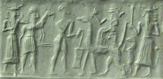 15p - sacrifice offered to Marduk, son Nabu, mixed-breed king with offering, earthling worker, Marduk, & son Ashur