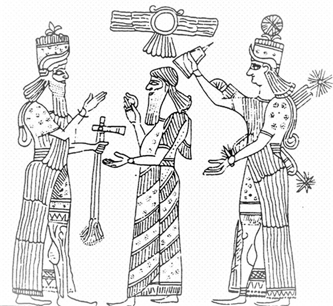 16g - Ashur with his fleur-de-lis symbol on his crown, Assyrian King Ashurbanipal & Inanna with her 8-Pointed Star symbol on her crown