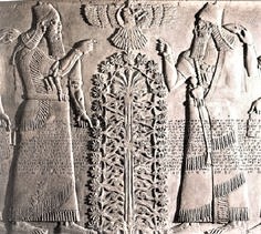 16ha - giant mixed-breed Assyrian king, Ashur in sky-disc, giant mixed-breed Babylonian king, & Tree of Life