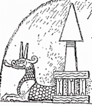 1f - Marduk's Mushhushshu animal symbol & his Rocket symbol atop his ziggurat residence in Babylon