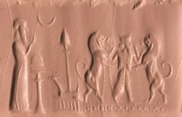 2j - Nannar's Moon Crescent with Marduk's Rocket & Mushhushshu atop ziggurat_ Nabu & father Marduk battling animal symbols of gods