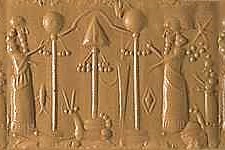 3b - Marduk's Spade-Rocket atop his ziggurat, & Mushhushshu symbols between Enki, Marduk, & Nabu in background