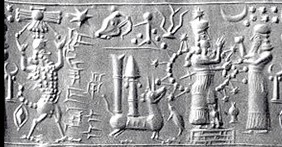 3bb - Marduk's Spade-Rocket atop his ziggurat & Mushhushshu symbols between Enki, Enlil, & Bau in background