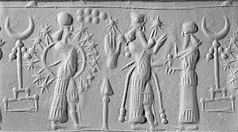 3c - Nannar's Moon Crescent, Marduk's Rocket atop ziggurat, Enlil's 7-Planets, & Marduk's Spade symbols_ warriors Inanna & Ninurta before Enlil