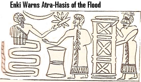 40 - Ningishzidda's serpent symbol, Enki behind reed wall gives Noah a waterclock